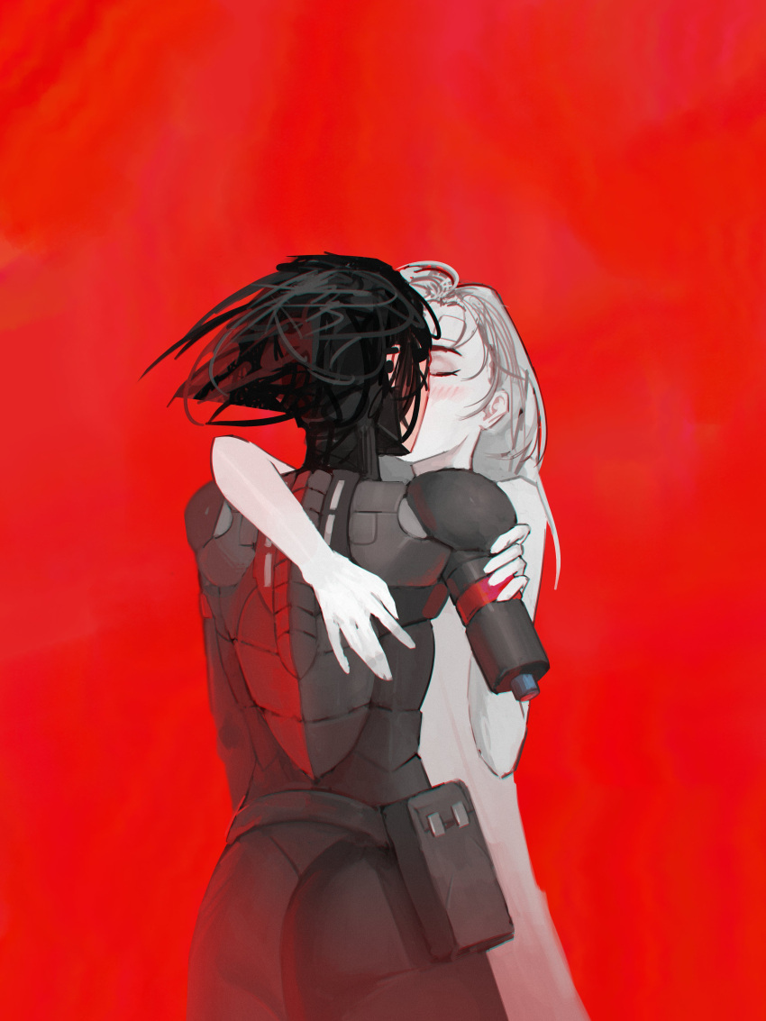 absurdres ariane_yeong ass black_hair blush closed_eyes cyborg elster_(signalis) highres kiss pale_skin red_background short_hair signalis simple_background tagme white_hair yanteeone yuri