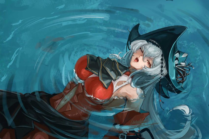1girl absurdres aqua_hat arknights bare_shoulders clothing_cutout commentary detached_sleeves dress grey_hair hat highres lanshan long_hair looking_at_viewer navel navel_cutout one_eye_closed open_mouth partially_submerged red_dress red_eyes skadi_(arknights) skadi_the_corrupting_heart_(arknights) solo very_long_hair water