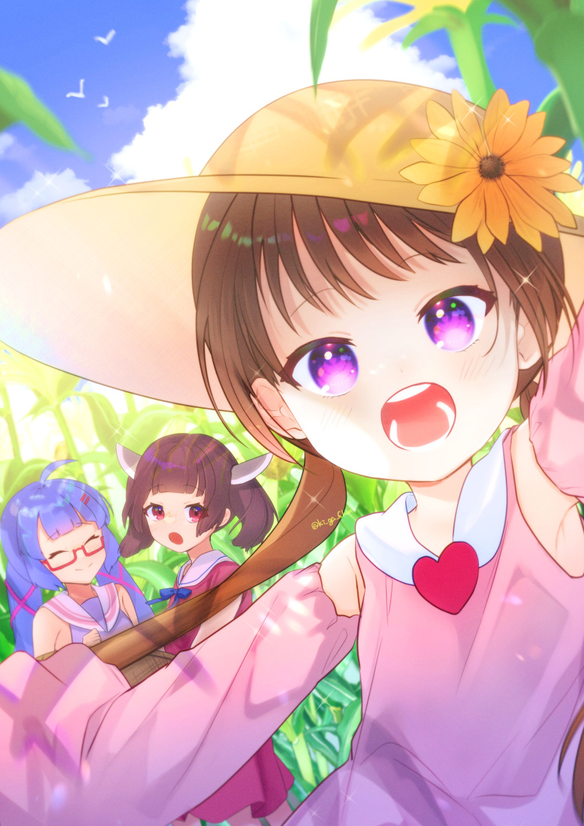 3girls :o absurdres arm_up armpits brown_hair closed_mouth cloud cumulonimbus_cloud day detached_sleeves dress field flower grass hamori_shiki hat hat_flower headgear highres long_hair long_sleeves looking_at_viewer low_twintails medium_hair multiple_girls open_mouth otomachi_una outdoors pink_dress pink_sleeves purple_dress purple_eyes red_dress red_eyes sailor_dress short_dress simple_bird sleeveless sleeveless_dress smile summer sun_hat tall_grass touhoku_kiritan tsukuyomi_ai twintails upper_body voiceroid wide_brim yellow_flower