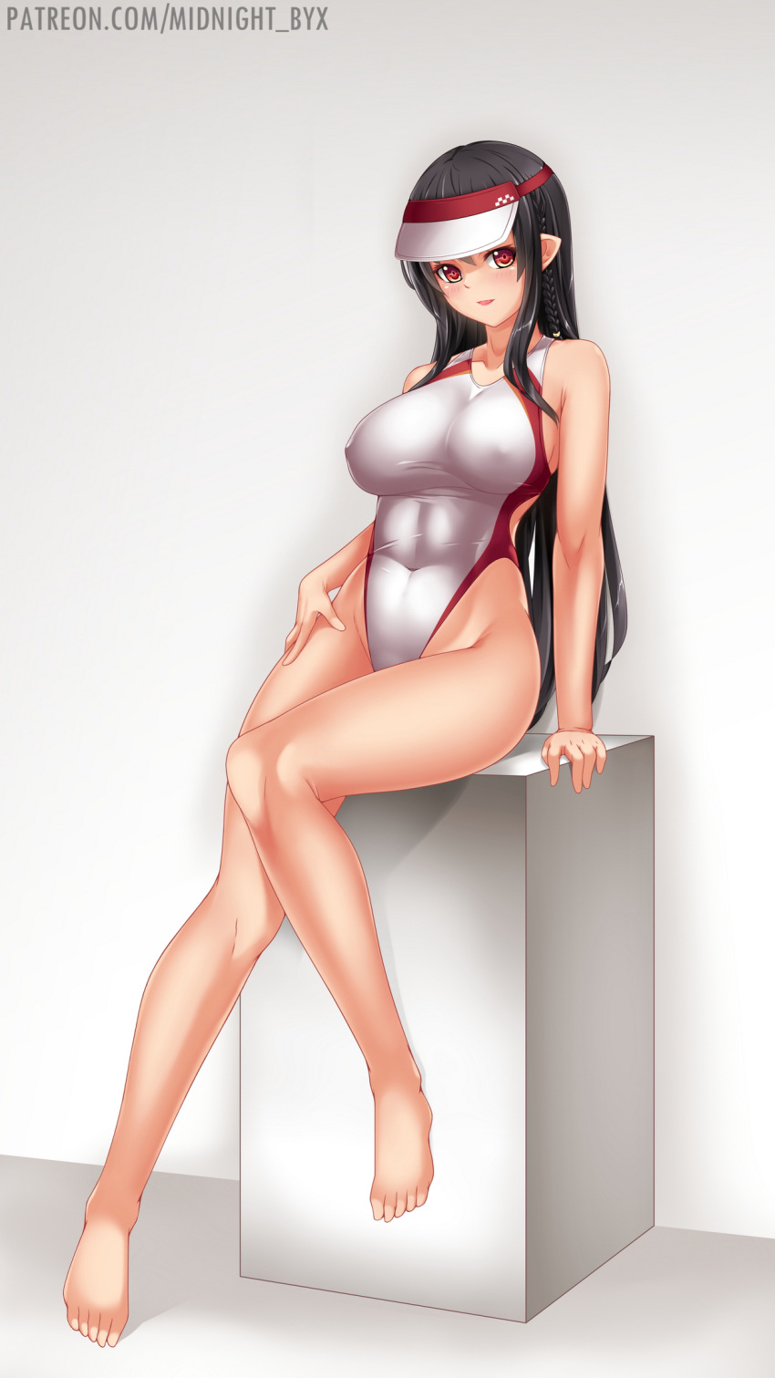 1girl black_hair braid competition_swimsuit covered_navel covered_nipples highleg highleg_swimsuit highres long_hair looking_at_viewer midnight_(banyex) multicolored_clothes multicolored_swimsuit one-piece_swimsuit open_mouth original pointy_ears single_braid smile solo swimsuit two-tone_swimsuit visor_cap