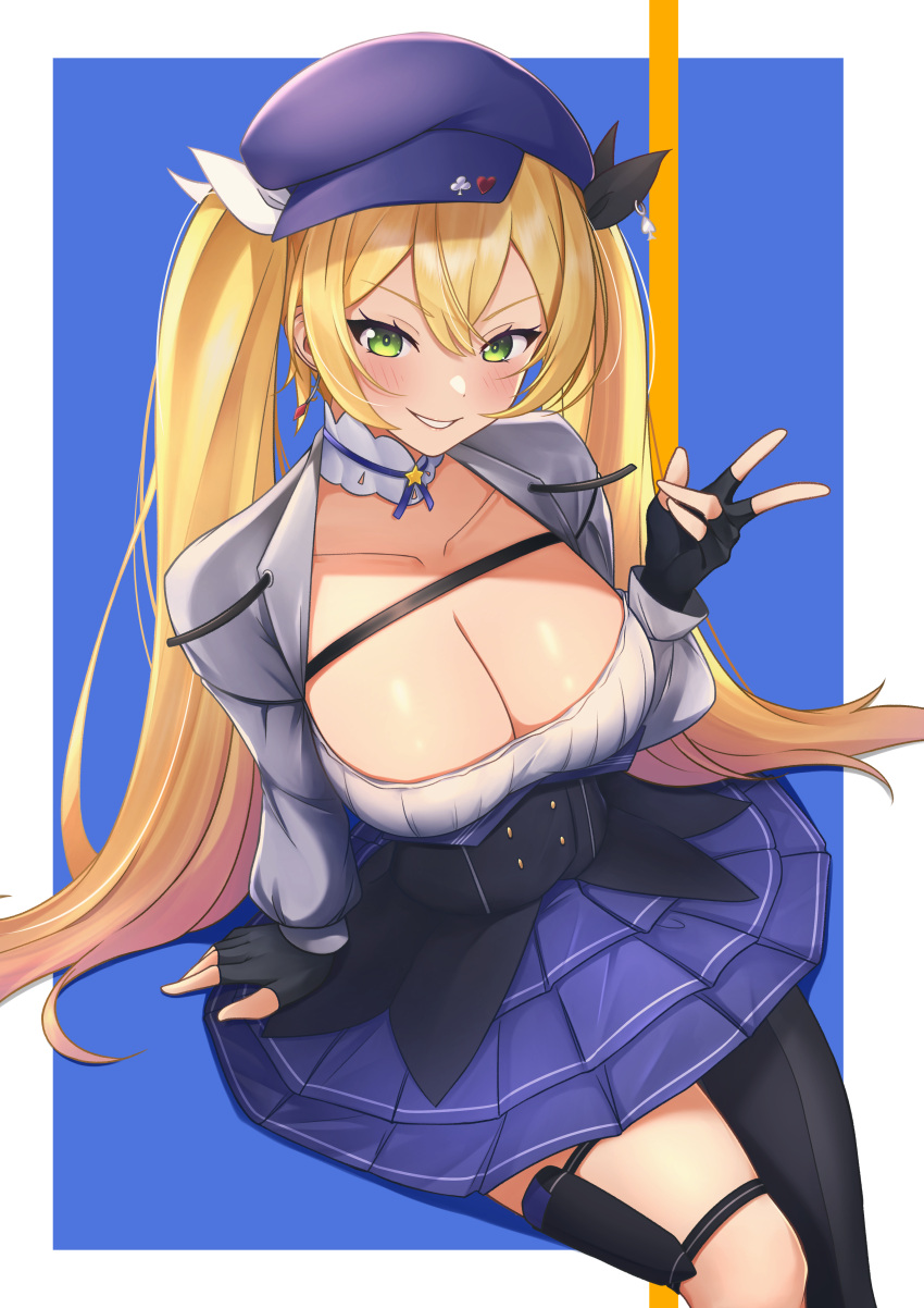 1girl absurdres arm_support black_gloves blonde_hair blue_hat blush bow breasts cabbie_hat chest_strap choker cleavage club_hair_ornament collarbone cropped_jacket dokibird_(vtuber) dress fingerless_gloves framed_breasts from_above gloves green_eyes grey_jacket grin hair_between_eyes hair_bow hat hat_ornament heart heart_hat_ornament highres holster indie_virtual_youtuber invisible_chair jacket large_breasts layered_dress long_hair long_sleeves looking_at_viewer low_neckline mr2d pleated_dress ribbon_choker short_dress simple_background single_leg_pantyhose single_thighhigh sitting smile solo star_(symbol) star_choker thigh_holster thighhighs twintails underbust v virtual_youtuber