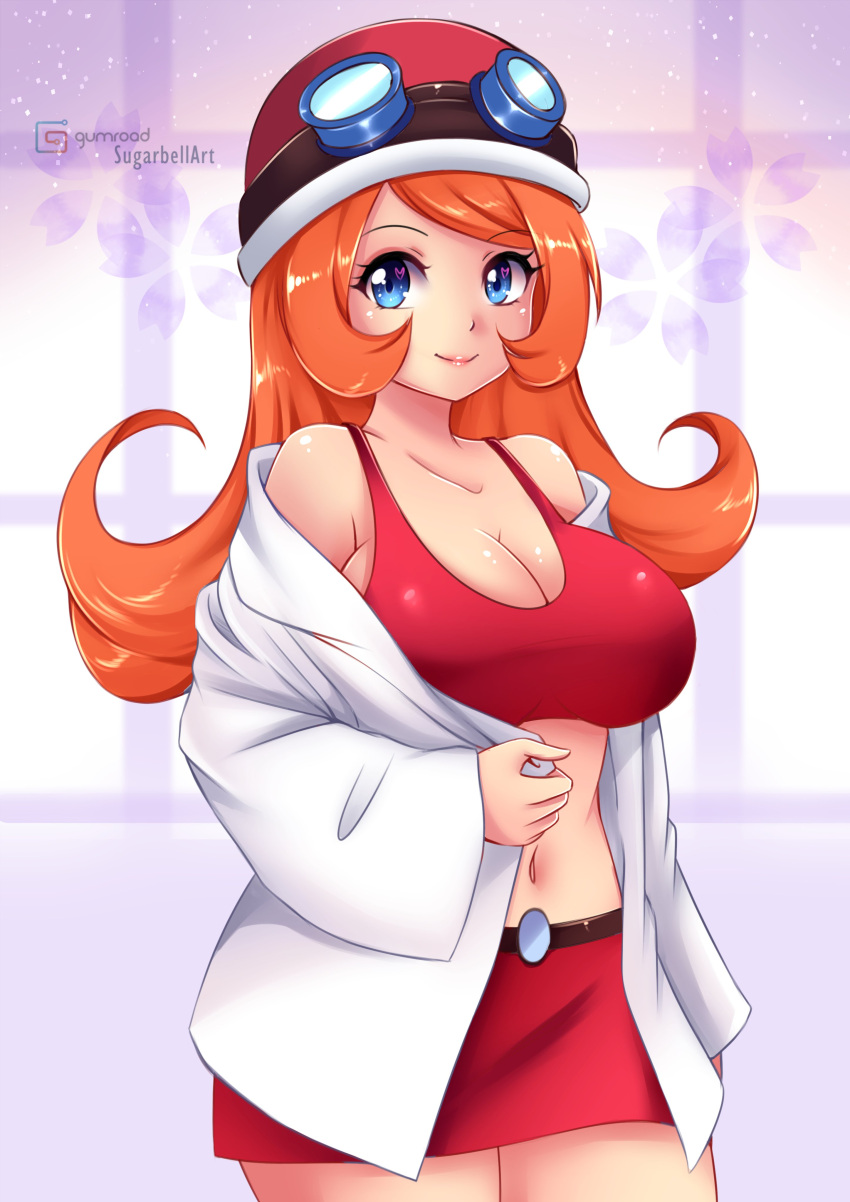 1girl absurdres artist_name blue_eyes breasts coat crop_top goggles goggles_on_headwear helmet highres large_breasts long_hair looking_at_viewer midriff miniskirt mona_(warioware) motorcycle_helmet navel orange_hair red_skirt skirt smile sugarbell warioware white_coat