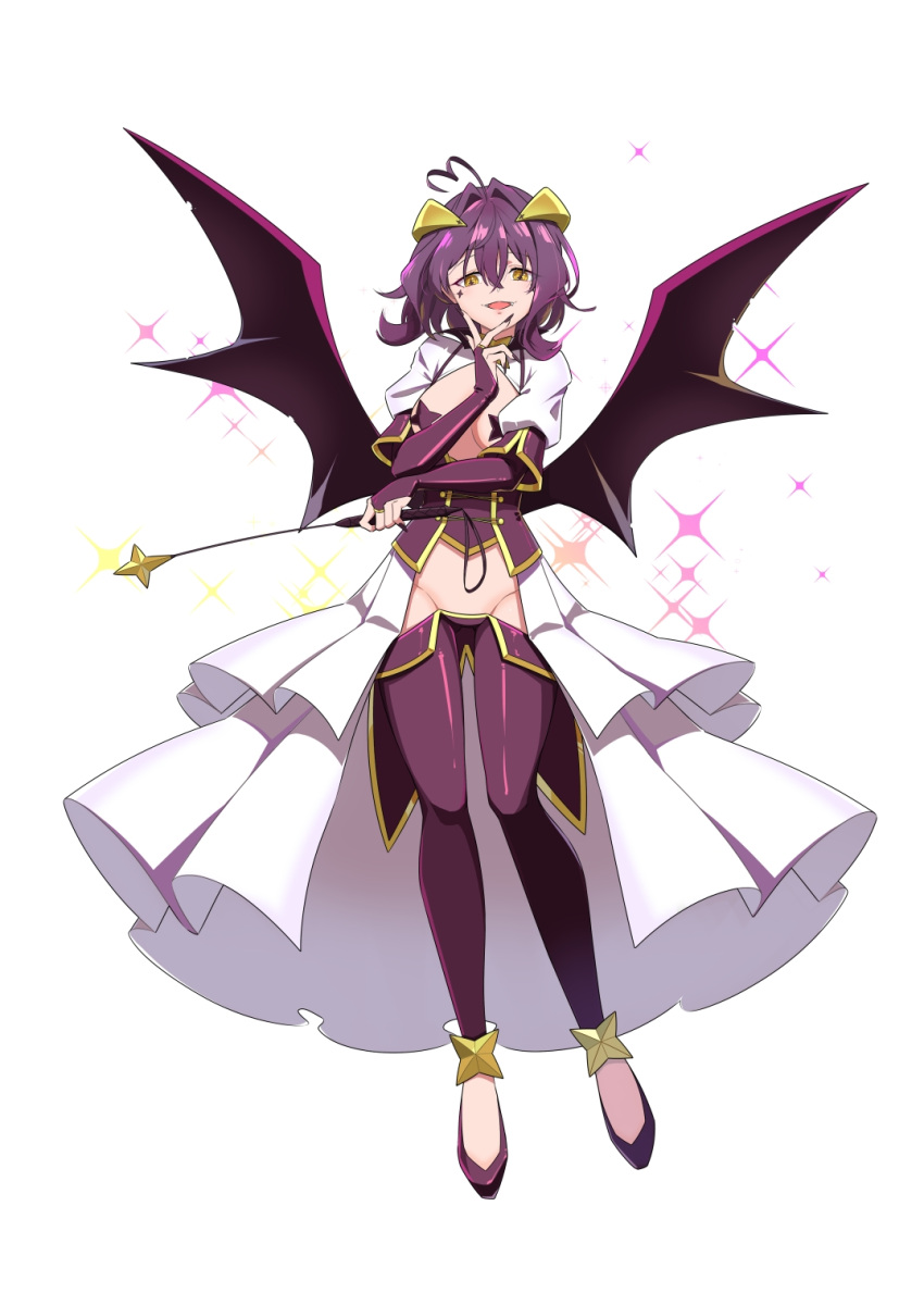 1girl breastless_clothes corset cross cross-shaped_pupils cross_facial_mark cross_pasties demon_wings facial_mark forward_facing_horns full_body hehe_jun highres hiiragi_utena horns lowleg lowleg_pants magia_baiser mahou_shoujo_ni_akogarete pants pasties purple_corset purple_pants purple_pasties showgirl_skirt shrug_(clothing) skirt solo symbol-shaped_pupils white_shrug white_skirt wings yellow_eyes yellow_horns