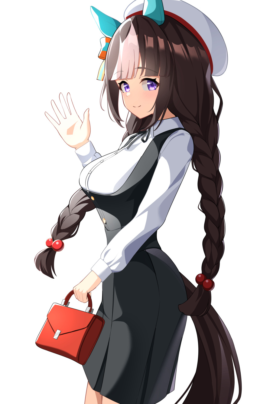 1girl absurdres alternate_costume animal_ears bag blush braid breasts brown_hair closed_mouth commentary_request cowboy_shot dress ear_covers ear_ornament handbag hat highres hokko_tarumae_(umamusume) holding holding_bag horse_ears horse_girl horse_tail long_hair long_sleeves looking_at_viewer medium_breasts multicolored_hair purple_eyes red_bag simple_background smile solo streaked_hair sunny_(20597521) tail twin_braids umamusume very_long_hair white_background white_hair white_hat