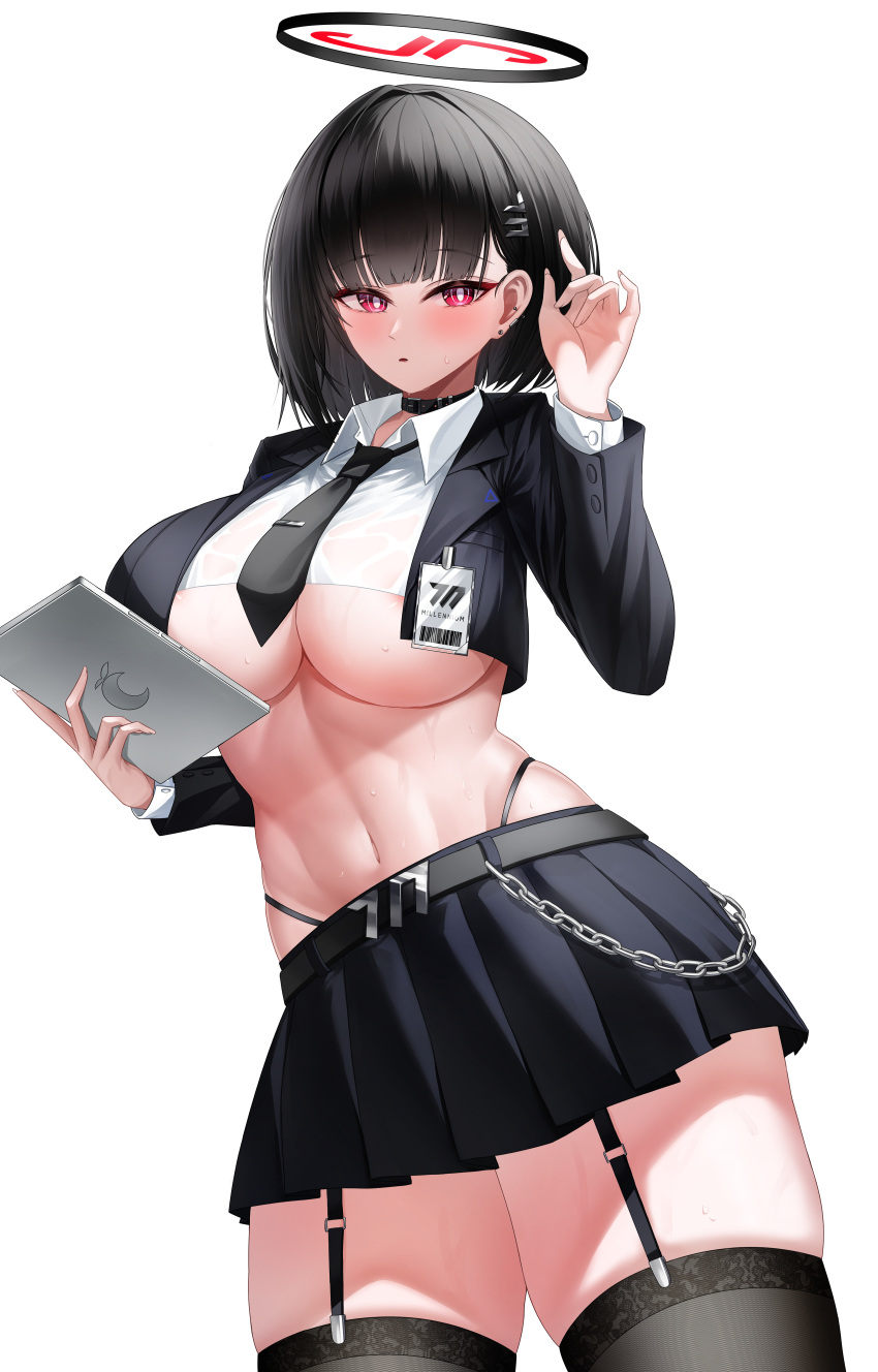 1girl absurdres black_hair black_halo black_jacket black_skirt black_thighhighs blue_archive blunt_bangs blush breasts cropped_jacket cropped_shirt garter_straps hair_ornament hairclip halo highleg highres jacket large_breasts looking_at_viewer midriff pleated_skirt red_eyes rio_(blue_archive) shirt short_hair skirt solo ssb_(nit8921) thighhighs underboob white_shirt