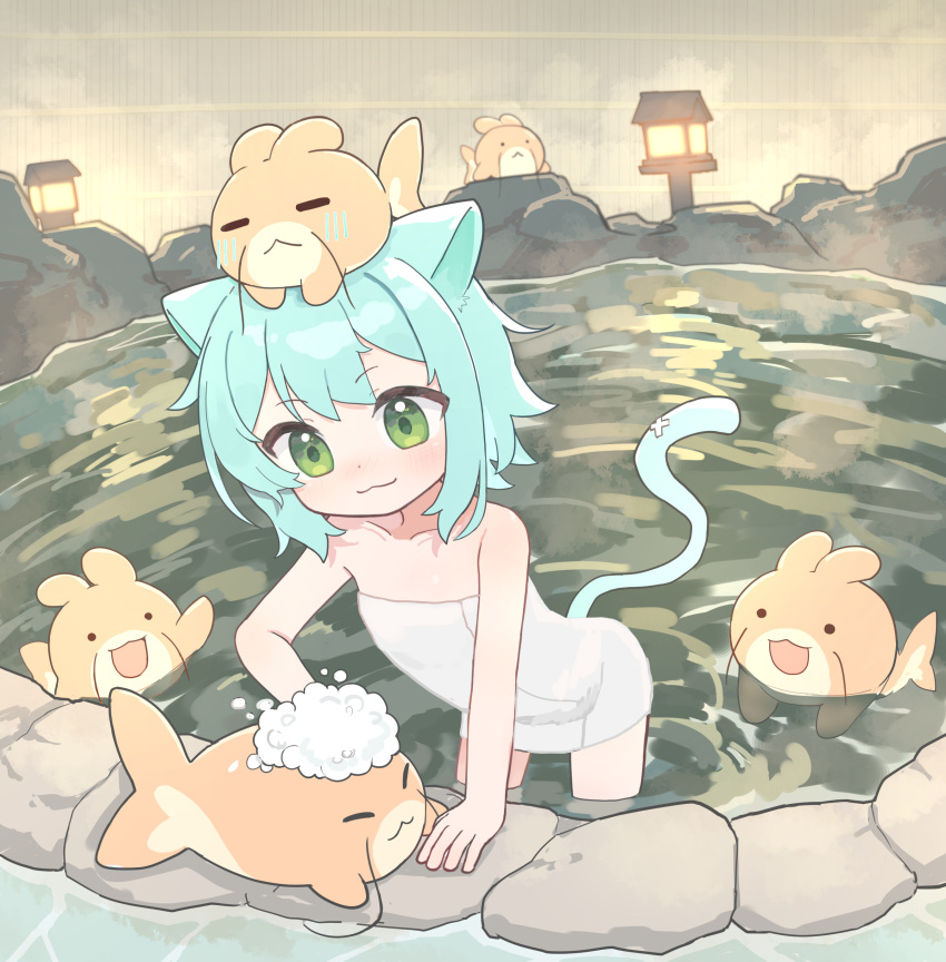 1girl :3 absurdres animal_ears bamboo_fence bare_arms bare_shoulders blue_hair blush cat_ears cat_girl cat_tail closed_eyes closed_mouth collarbone commission copyright_request fence flat_chest green_eyes highres kibisake naked_towel on_head onsen short_hair skeb_commission soap_bubbles solo standing stone_lantern tail towel water