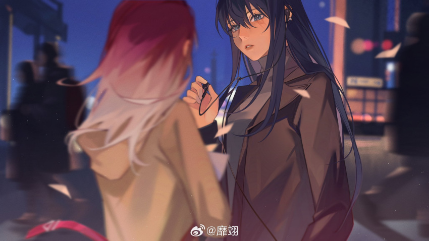 2girls 2others black_coat blue_eyes brown_jacket chinese_commentary coat commentary_request earbuds earclip earphones gradient_hair grey_sweater highres holding jacket long_hair looking_at_another miix777 multicolored_hair multiple_girls multiple_others night outdoors parted_lips path_to_nowhere purple_hair rahu_(path_to_nowhere) scar scar_across_eye shalom_(path_to_nowhere) sweater turtleneck turtleneck_sweater upper_body weibo_watermark white_hair