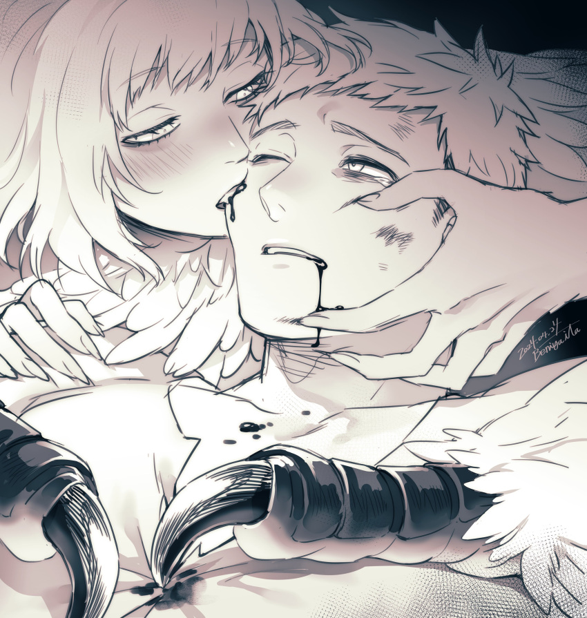 1boy 1girl absurdres artist_name beniya_0608 biting black_background blood blood_from_mouth blood_on_clothes blood_on_face cheek_biting claws commentary_request dated dungeon_meshi falin_touden falin_touden_(chimera) fangs feathers fingernails greyscale hand_on_another's_face highres laios_touden looking_at_another lying monochrome monster_girl on_back one_eye_closed scratches sharp_fingernails shirt short_hair siblings signature very_short_hair