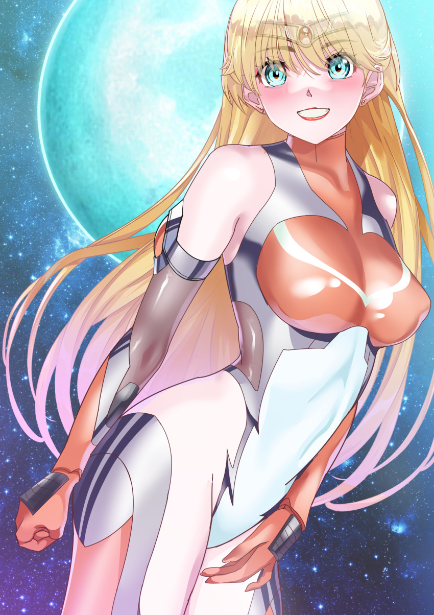 1girl absurdres aino_minako arion_canvas blonde_hair blue_eyes blush bodysuit breasts covered_nipples highres large_breasts long_hair looking_at_viewer magical_girl moon sailor_venus skin_tight smile solo taimanin_(series) taimanin_suit