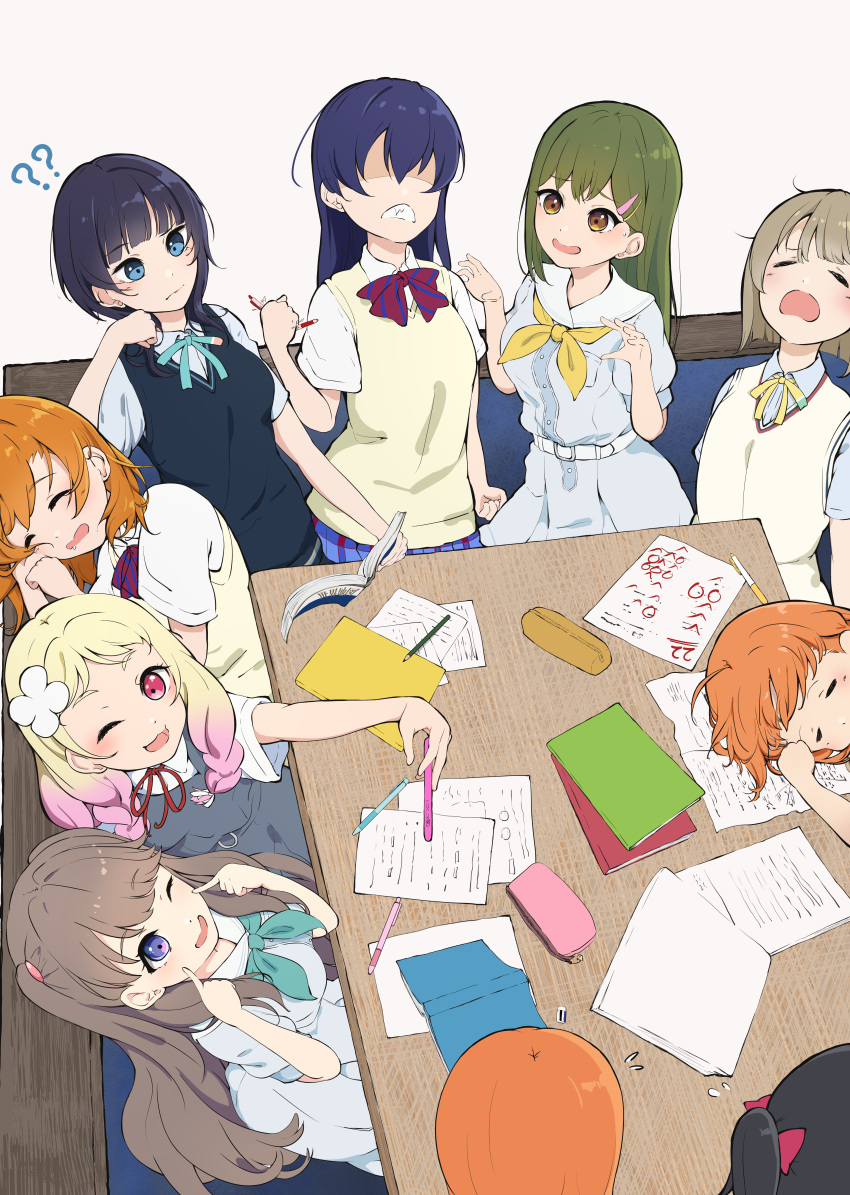 6+girls :3 ;d ? ?? absurdres academic_test ahoge angry aoiao aqua_neckerchief aqua_ribbon asaka_karin black_hair blonde_hair blue_bow blue_bowtie blue_eyes blue_hair blue_skirt blue_sweater_vest blunt_bangs bob_cut book bow bowtie braid breast_pocket broken brown_hair clenched_hands clenched_teeth closed_eyes collared_shirt commentary confused d: dark_blue_hair diagonal-striped_bow diagonal-striped_bowtie diagonal-striped_clothes dress dress_shirt drooling exhausted fingers_to_cheeks flying_sweatdrops fujishima_megumi gradient_hair green_hair grey_dress grey_hair hair_bow hair_ornament hairclip hasu_no_sora_school_uniform head_on_table highres holding holding_book holding_pen holding_phone hoshizora_rin in-franchise_crossover kosaka_honoka link!_like!_love_live! long_hair loose_hair_strand love_live! love_live!_nijigasaki_high_school_idol_club love_live!_school_idol_project love_live!_sunshine!! love_live!_superstar!! medium_hair miniskirt multicolored_hair multiple_girls nakasu_kasumi neck_ribbon neckerchief nijigasaki_academy_school_uniform no_eyes notebook one_eye_closed onitsuka_natsumi oogami_sachi open_book open_hand open_hands open_mouth orange_hair otonokizaka_school_uniform out_of_frame own_hands_together paper pen pencil_case phone pinafore_dress pink_eyes pink_hair plaid plaid_skirt pleated_skirt pocket purple_eyes raised_eyebrow red_bow red_bowtie red_ribbon ribbon sailor_collar school_uniform selfie shaded_face shirt short_hair short_sleeves side_braid sitting skirt sleeping sleeveless sleeveless_dress smile sonoda_umi striped_bow striped_bowtie striped_clothes studying summer_uniform sweatdrop sweater_vest takami_chika teeth test_score textbook trait_connection twin_braids twintails two_side_up white_background white_dress white_sailor_collar white_shirt worried yazawa_nico yellow_neckerchief yellow_ribbon yellow_sweater_vest yuigaoka_school_uniform