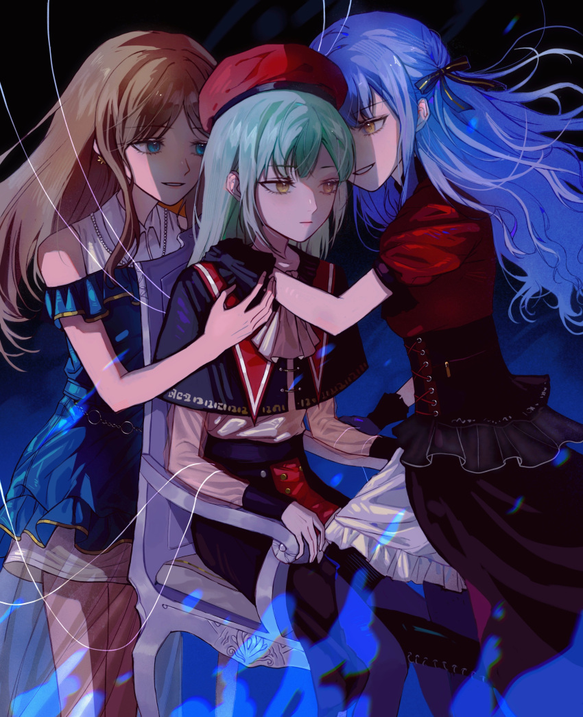 3girls absurdres bang_dream! bang_dream!_it's_mygo!!!!! black_gloves black_pantyhose black_ribbon black_skirt blue_dress blue_eyes blue_hair brown_hair closed_mouth commentary corset dress gloves green_hair hair_ribbon hand_on_another's_shoulder hashtag-only_commentary hat highres jewelry leg_between_thighs long_hair multiple_girls nagasaki_soyo necklace off-shoulder_dress off_shoulder pantyhose parted_lips red_hat red_shirt ribbon see-through see-through_sleeves shirt short_sleeves sitting skirt smile string tianzhongdouyi1 togawa_sakiko wakaba_mutsumi yellow_eyes yuri
