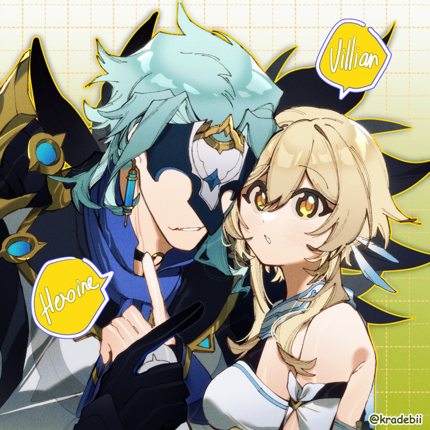 1boy 1girl black_choker black_gloves blonde_hair blue_shirt choker coat detached_sleeves dottore_(genshin_impact) dress english_text engrish_text genshin_impact gloves gradient_background grid_background hair_intakes highres kradebii long_sleeves looking_at_viewer lumine_(genshin_impact) mask open_mouth parted_lips pointing pointing_at_another ranguage scarf shirt sidelocks vambraces white_coat white_dress white_scarf yellow_eyes