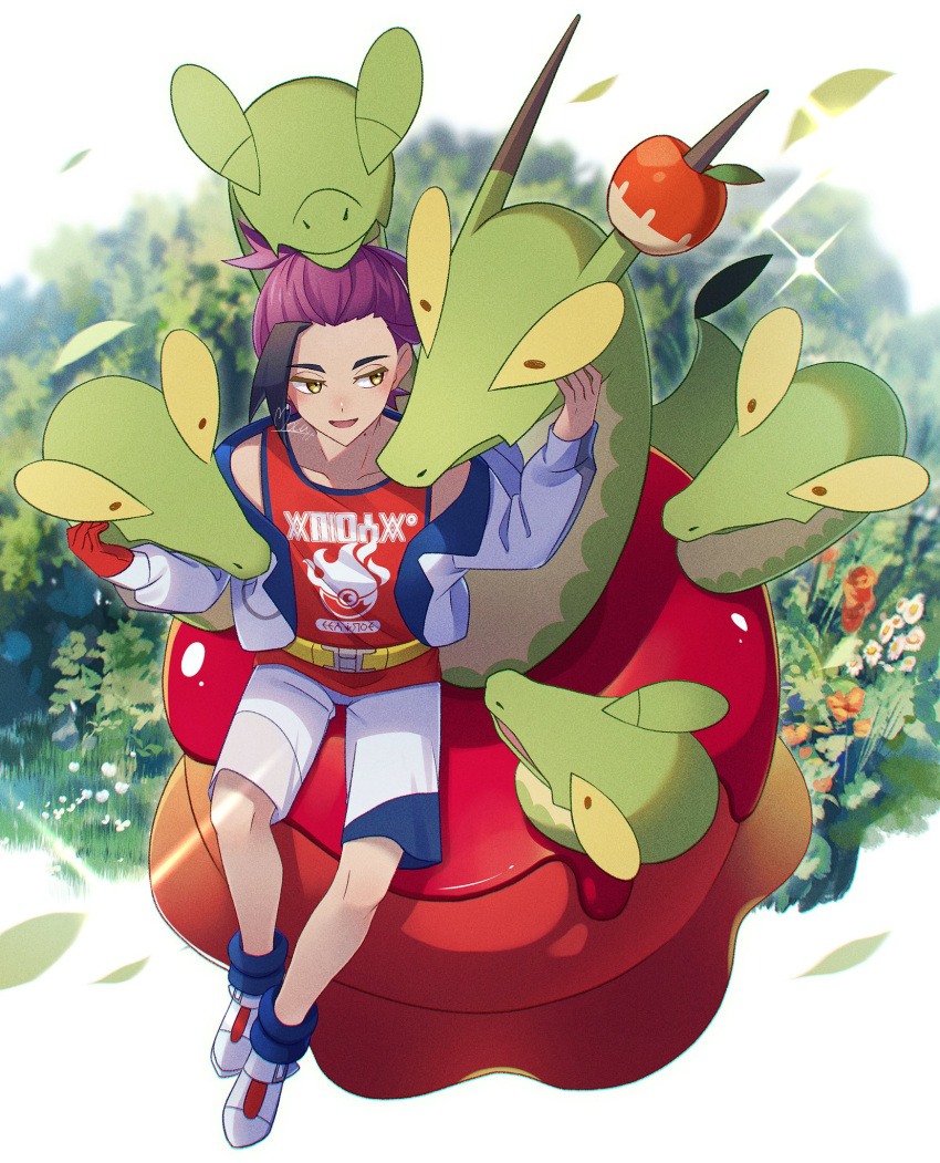 1boy black_hair blue_socks buckle collarbone commentary_request falling_leaves gloves grass hands_up highres hydrapple jacket kieran_(pokemon) knees leaf long_sleeves male_focus mocacoffee_1001 multicolored_hair off_shoulder open_clothes open_jacket open_mouth pokemon pokemon_(creature) pokemon_sv purple_hair red_gloves red_shirt shirt shoes shorts signature single_glove sleeveless sleeveless_shirt socks two-tone_hair white_shorts yellow_eyes