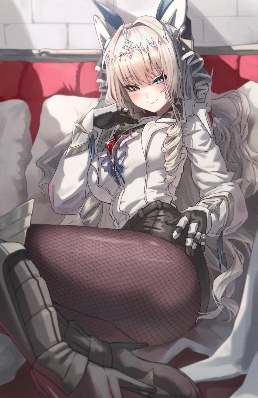 1girl absurdres black_shorts blue_eyes boots couch crown crown_(nikke) denim denim_shorts fishnet_pantyhose fishnets goddess_of_victory:_nikke hair_ornament high_heel_boots high_heels highres jindogod pantyhose shiny_eyes shorts sitting solo twisted_hair