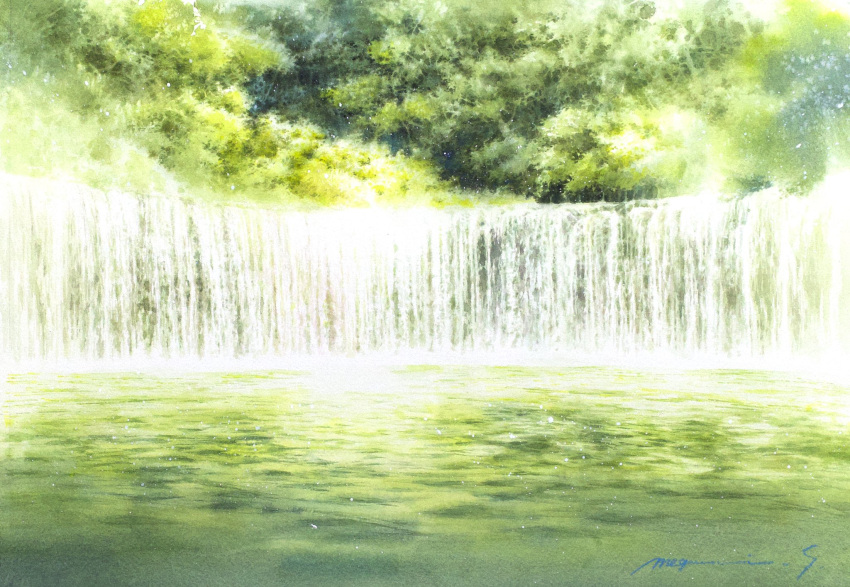 dappled_sunlight day forest highres moss nature no_humans original painting_(medium) plant river riverbank scenery shimizu_megumi_(m_acquerello) sunlight traditional_media tree water watercolor_(medium) waterfall