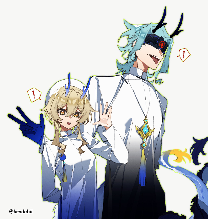 1boy 1girl absurdres blindfold blonde_hair blue_gloves chinese_zodiac dottore_(genshin_impact) dragon_horns dragon_tail dress genshin_impact gloves hand_up hat highres horns intertwined_tails jewelry kradebii long_sleeves lumine_(genshin_impact) necklace open_mouth parted_bangs sharp_teeth simple_background smile tail tassel teeth tongue tongue_out v vietnamese_dress white_background white_dress white_hat year_of_the_dragon yellow_eyes