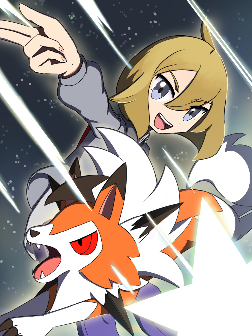 1boy absurdres blonde_hair claws fangs finger_gun grey_eyes grey_jacket highres jacket looking_at_viewer lycanroc lycanroc_(dusk) male_focus open_mouth paulo_(pokemon) pokemon pokemon_(creature) pokemon_masters_ex red_eyes shio_onigiri smile star_(symbol)