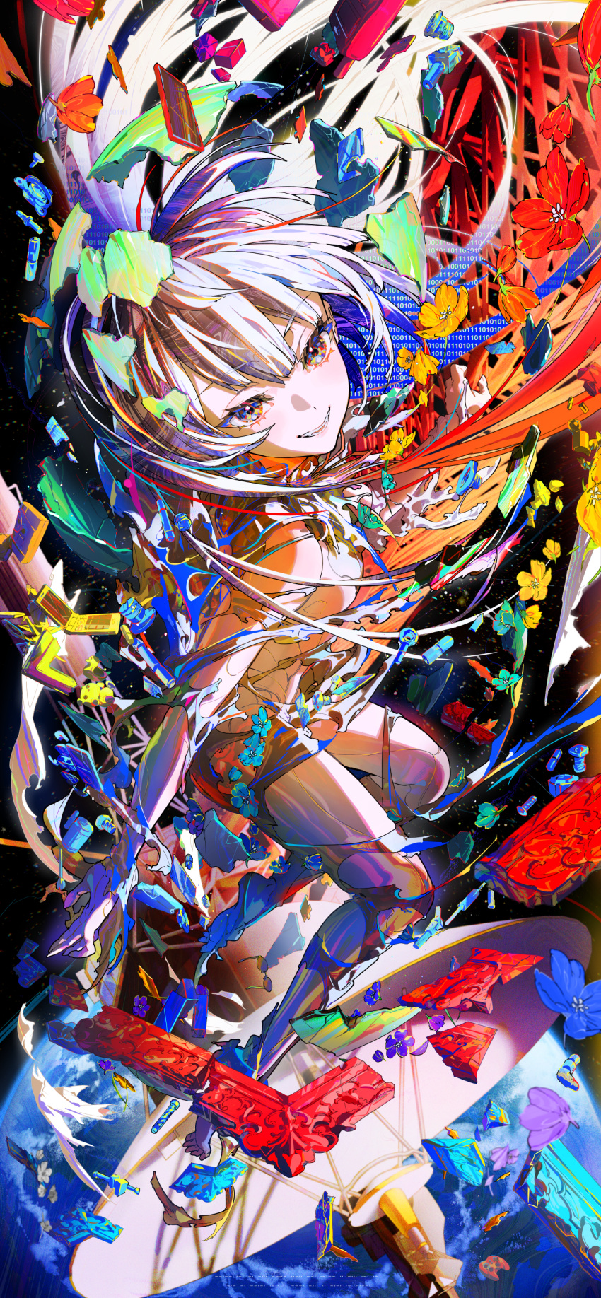 1girl absurdres broken_picture_frame colorful earth_(planet) fingernails floating_hair flower highres looking_at_viewer mika_pikazo multicolored_eyes multicolored_hair original picture_frame planet smile solo tagme white_hair