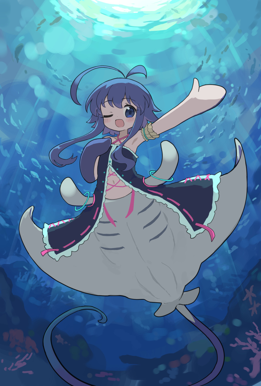 1girl ;d absurdres animal armpits bare_shoulders black_dress blue_eyes blue_hair commission coral criss-cross_halter day dress fish hair_between_eyes halterneck hand_up highres iruka_(tama) kibisake long_hair manta_ray_girl monster_girl navel one_eye_closed original outdoors outstretched_arm skeb_commission smile solo taur underwater very_long_hair water