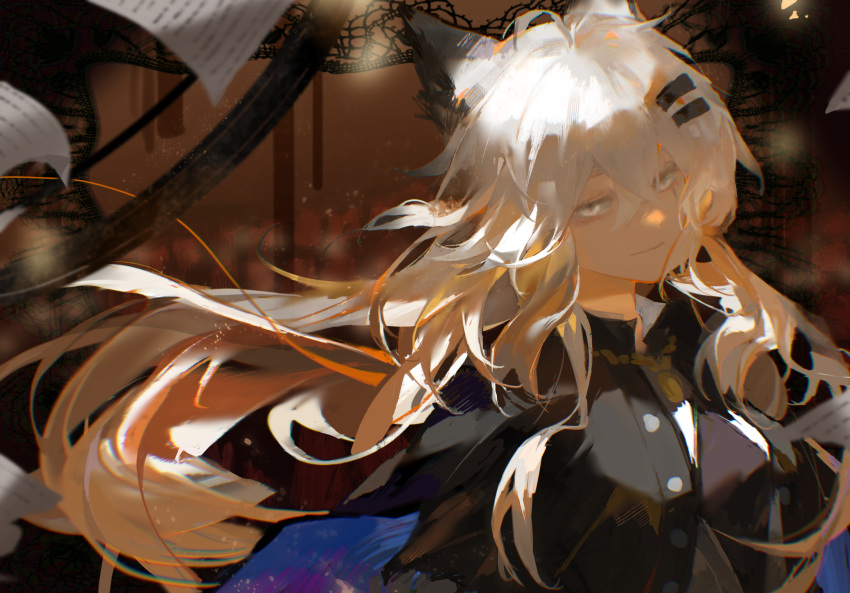 1girl abstract_background absurdres ahoge animal_ears arknights black_jacket buttons cape collared_jacket crossed_bangs floating_hair hair_ornament hairclip highres jacket lappland_(arknights) long_hair looking_at_viewer moriiii purple_cape scar scar_across_eye smile solo upper_body white_eyes white_hair wolf_ears