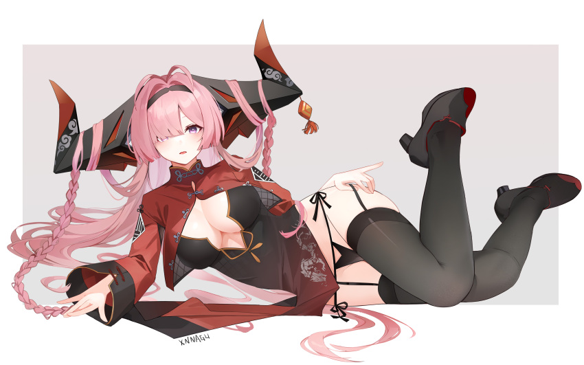 1girl absurdres azur_lane black_footwear black_garter_belt black_garter_straps black_panties black_pantyhose braid breasts cleavage dress garter_belt garter_straps headband highres horns large_breasts long_hair looking_at_viewer lying on_side open_mouth panties pantyhose pink_hair prinz_rupprecht_(azur_lane) purple_eyes solo twin_braids underwear xnnagu