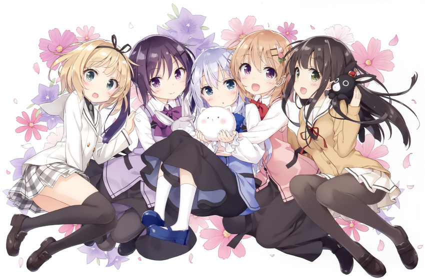 gochuumon_wa_usagi_desu_ka? hoto_cocoa kafuu_chino kirima_sharo overfiltered pantyhose peco seifuku sweater tedeza_rize thighhighs tippy_(gochuumon_wa_usagi_desu_ka?) ujimatsu_chiya waitress