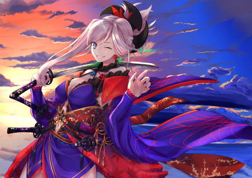 1girl absurdres asymmetrical_hair blue_eyes blue_kimono breasts cleavage clothing_cutout detached_sleeves earrings fate/grand_order fate_(series) hair_ornament highres holding holding_sword holding_weapon japanese_clothes jewelry katana kimono large_breasts leaf_print long_hair looking_at_viewer magatama miyamoto_musashi_(fate) miyamoto_musashi_(third_ascension)_(fate) navel_cutout one_eye_closed pink_hair ponytail sash sheath short_kimono sleeveless sleeveless_kimono smile solo sword unsheathed weapon yu_sa1126