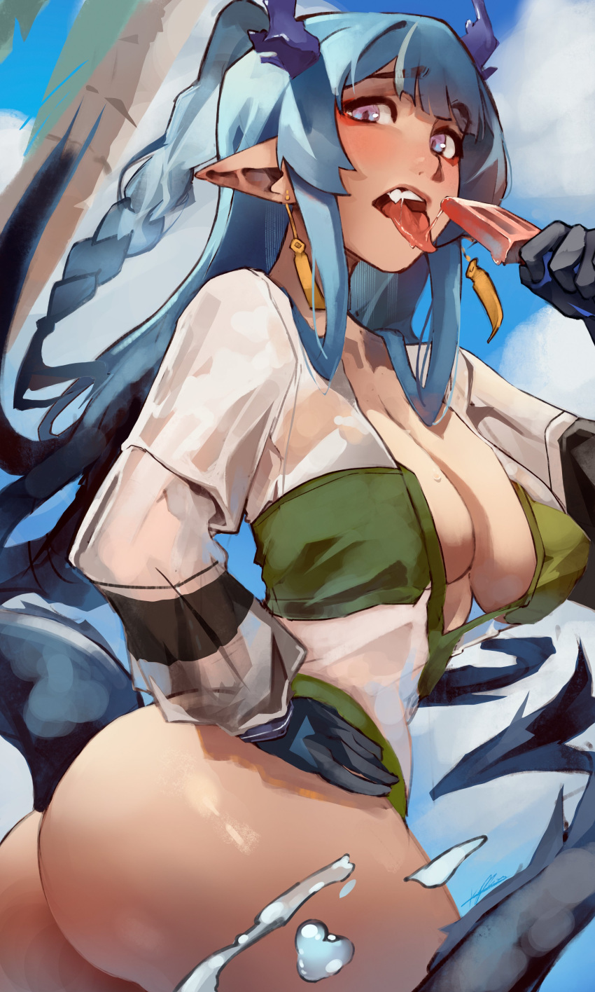 absurdres arknights ass beach blue_hair breasts earrings eating food highres holding holding_food holding_popsicle jewelry koffre3 ling_(arknights) looking_at_viewer open_mouth pointy_ears popsicle see-through tongue tongue_out