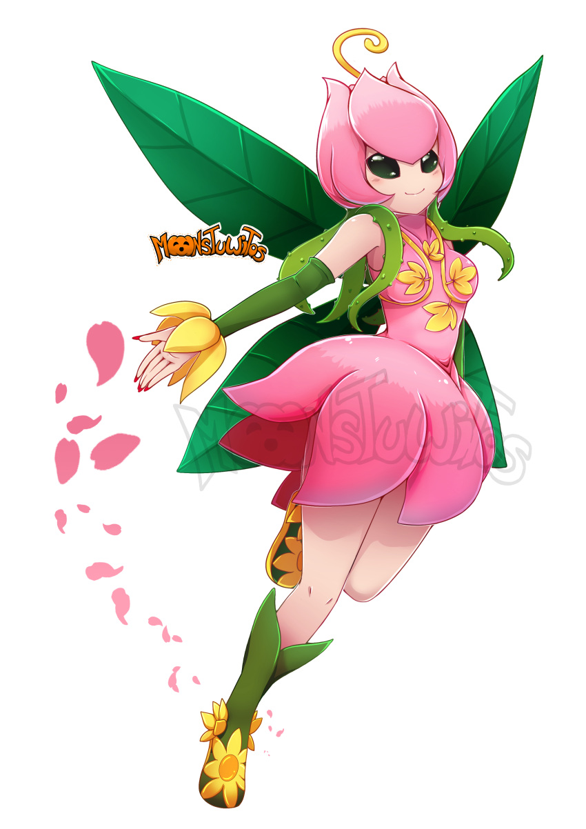1girl absurdres artist_logo artist_name boots detached_sleeves digimon digimon_(creature) dress fairy flower footwear_flower full_body green_footwear green_hair green_sleeves hair_vines highres knee_boots leaf_wings lilimon long_hair monster_girl monstuwitos nail_polish petals pink_dress pink_petals plant_girl red_nails simple_background sleeveless sleeveless_dress smile solo watermark white_background yellow_flower