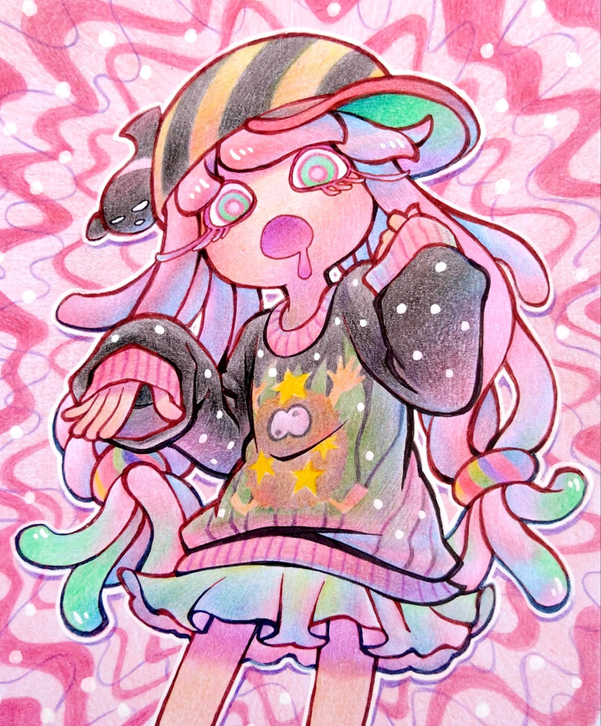 1girl :o alternate_costume baseball_cap black_sweater blue_hair blue_skirt christmas_sweater clownfish co_ma_tsu_na colored_eyelashes commentary_request cowboy_shot drooling fish gradient_hair green_eyes green_hair hair_ornament hair_scrunchie hand_up harmony's_clownfish_(splatoon) harmony_(splatoon) hat highres long_hair looking_at_viewer mouth_drool multicolored_hair multicolored_scrunchie open_mouth oversized_clothes pink_hair pink_pupils print_sweater scrunchie sideways_hat skirt sleeves_past_wrists solo splatoon_(series) splatoon_3 standing striped_clothes striped_headwear sweater tentacle_hair very_long_hair yellow_hat