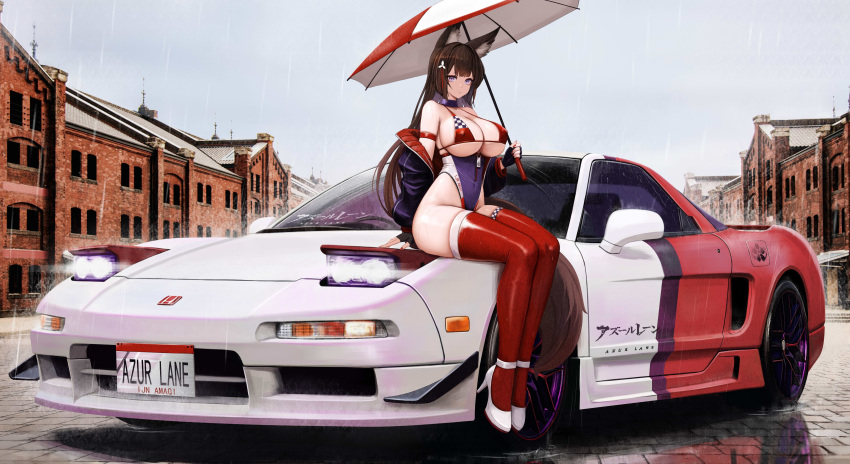 absurdres amagi_(azur_lane) animal_ears armband azur_lane bikini breasts brown_hair car choker cleavage fox_ears fox_girl high_heels highres jacket kcar66t kitsune large_breasts motor_vehicle off_shoulder open_clothes open_jacket print_bikini purple_choker purple_eyes race_queen red_armband red_thighhighs sitting_on_car sports_car swimsuit thighhighs two-tone_leotard umbrella white_footwear