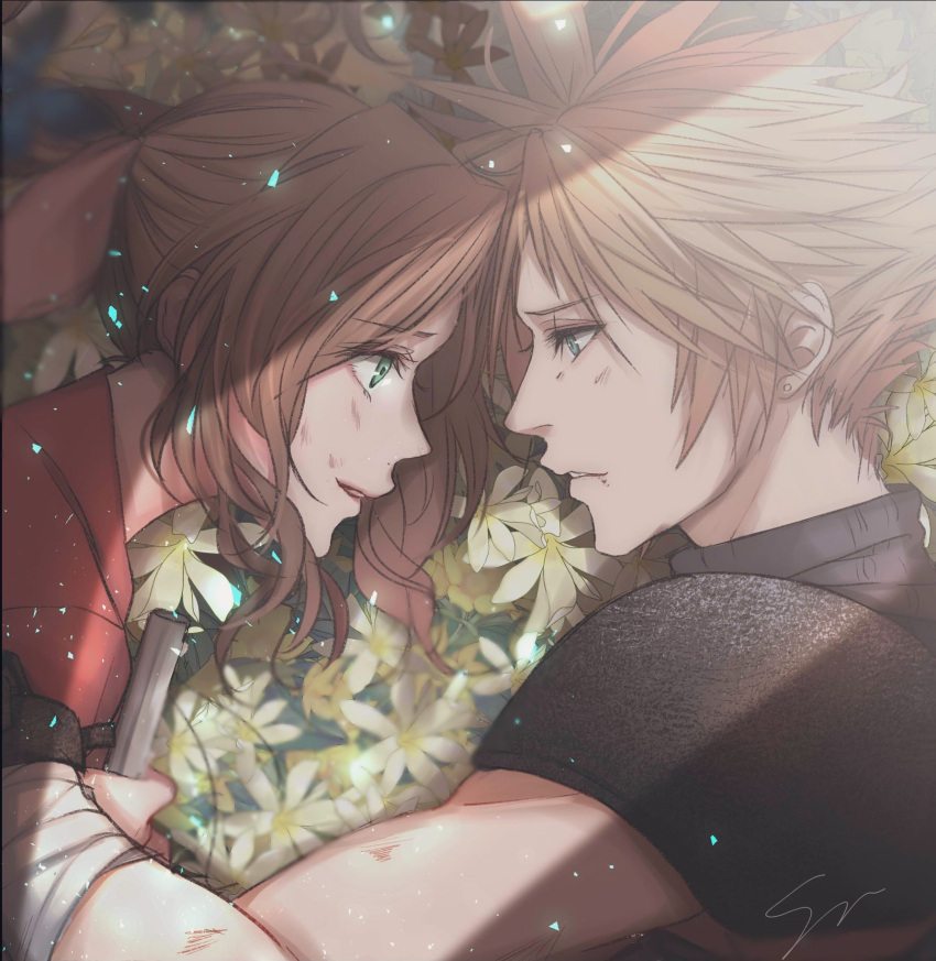 1boy 1girl aerith_gainsborough armor bandaged_arm bandages blonde_hair blue_eyes braid braided_ponytail brown_hair cloud_strife couple earrings final_fantasy final_fantasy_vii final_fantasy_vii_rebirth final_fantasy_vii_remake flower_bed green_eyes hair_ribbon hetero highres holding holding_staff jacket jewelry long_hair looking_at_another parted_bangs parted_lips pink_ribbon red_jacket ribbon short_hair shoulder_armor sidelocks signature single_braid single_earring smile spiked_hair staff turtleneck upper_body wavy_hair yuu_crazy_doll_sae