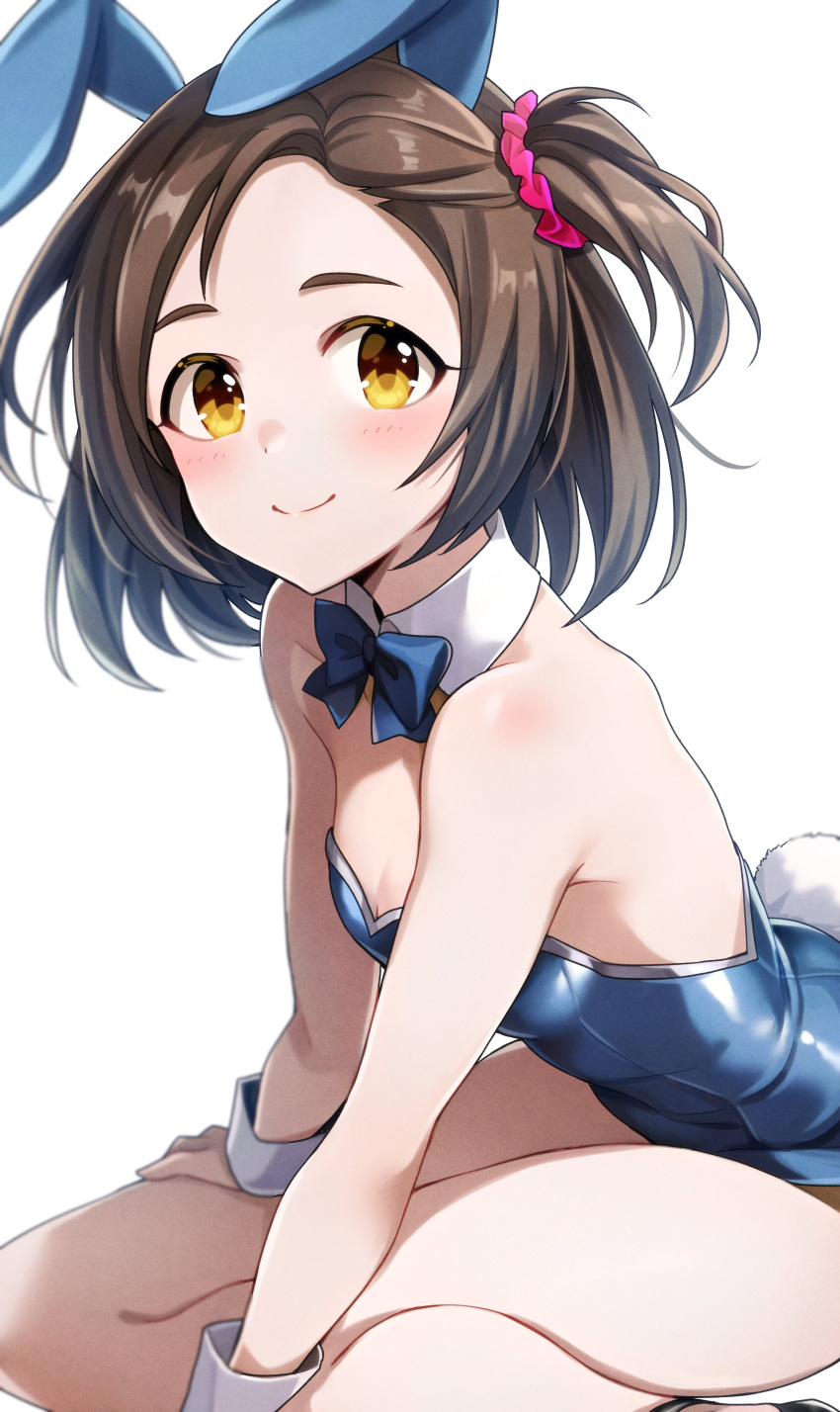 1girl absurdres animal_ears bare_shoulders blue_bow blue_bowtie blue_leotard blush bow bowtie brown_hair closed_mouth commentary_request detached_collar fake_animal_ears fake_tail flat_chest hair_ornament hair_scrunchie highres idolmaster idolmaster_cinderella_girls leotard looking_at_viewer one_side_up playboy_bunny popon_ta rabbit_ears rabbit_tail red_scrunchie scrunchie short_hair simple_background sitting smile solo strapless strapless_leotard tail white_background white_wrist_cuffs wrist_cuffs yanase_miyuki yellow_eyes