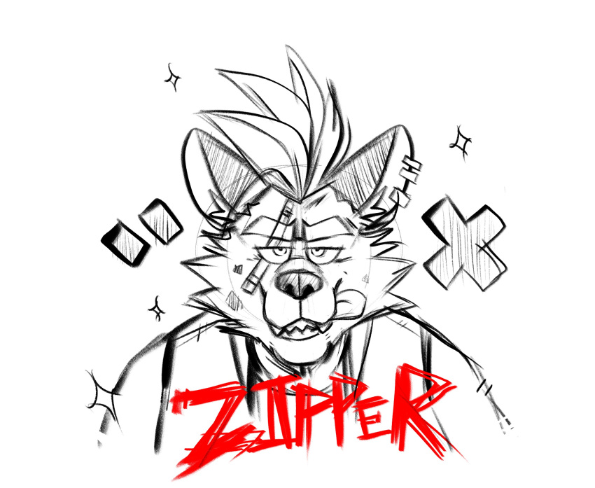 anthro crazy_smile ear_piercing eye_scar facial_scar hi_res hyena insane looking_at_viewer male mammal mohawk nthestarhaps0 piercing scar sketch smile solo spotted_hyena tongue tongue_out zipper_hyena