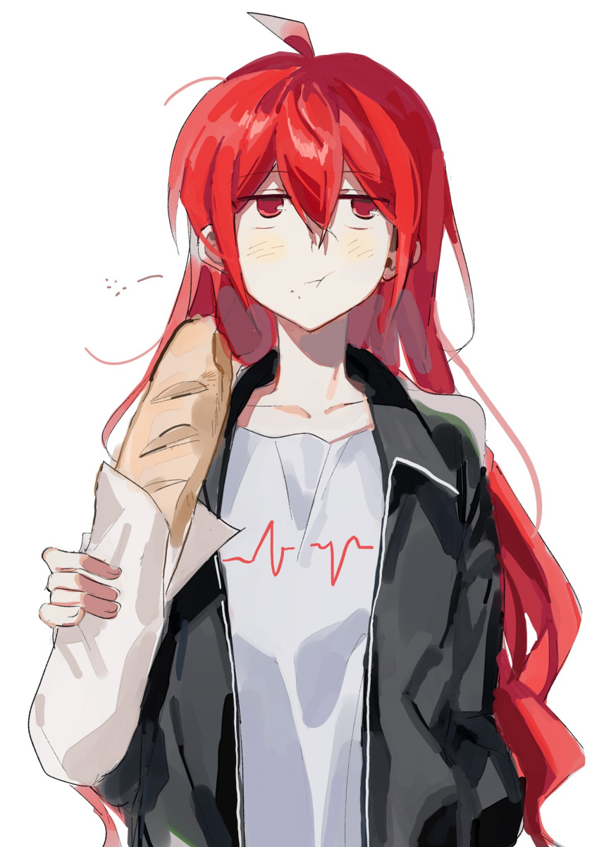 1girl ahoge alternate_hairstyle baguette black_jacket blush bread cardiogram_print eating food hair_down highres holding holding_food jacket kasane_teto long_hair looking_up pout red_eyes red_hair samsap shirt simple_background solo ultra_trailer_(synthesizer_v) utau white_background white_shirt