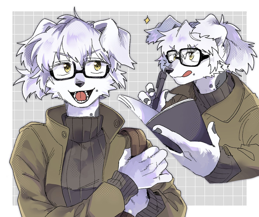 1girl animal_ears black-framed_eyewear body_fur book collared_jacket commentary_request cropped_torso dog_ears dog_girl furry furry_female glasses green_jacket grey_background grey_nails grid_background hands_up holding holding_book holding_pen jacket looking_at_viewer open_mouth original pen rata_(norahasu) sharp_teeth short_hair sweater teeth tongue tongue_out turtleneck turtleneck_sweater upper_body white_fur white_hair yellow_eyes