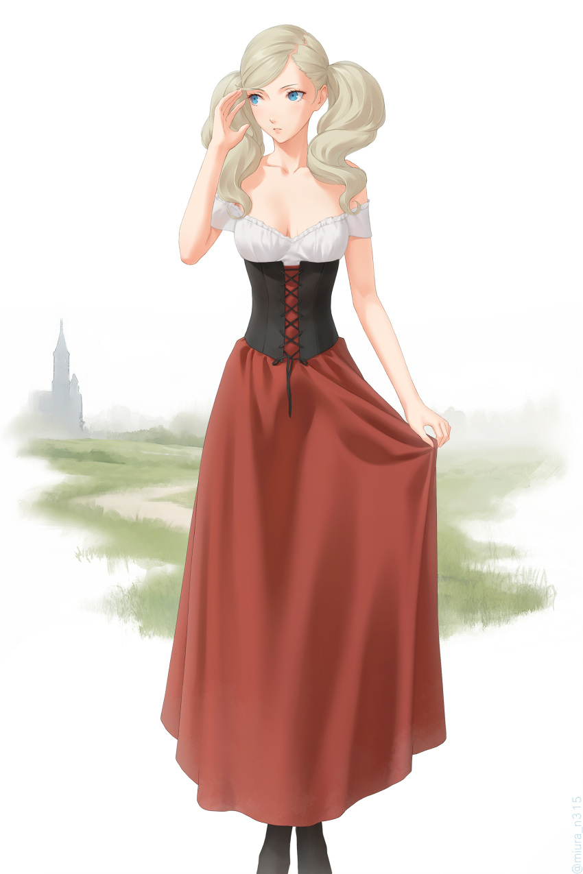 1girl absurdres blonde_hair blue_eyes breasts castle corset dress highres long_hair long_skirt medium_breasts miura-n315 off-shoulder_dress off_shoulder outdoors persona persona_5 skirt skirt_hold solo takamaki_anne twintails