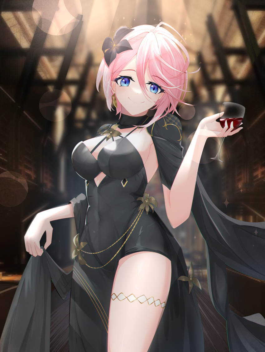 1girl absurdres alcohol asymmetrical_dress azur_lane black_cape black_dress black_flower blue_eyes breasts cape clothes_lift cup dress dress_lift drinking_glass flower hair_between_eyes hair_flower hair_ornament highres holding holding_cup indoors lens_flare looking_at_viewer medium_breasts mikaloft pink_hair seydlitz_(azur_lane) smile solo standing thighs wine wine_glass