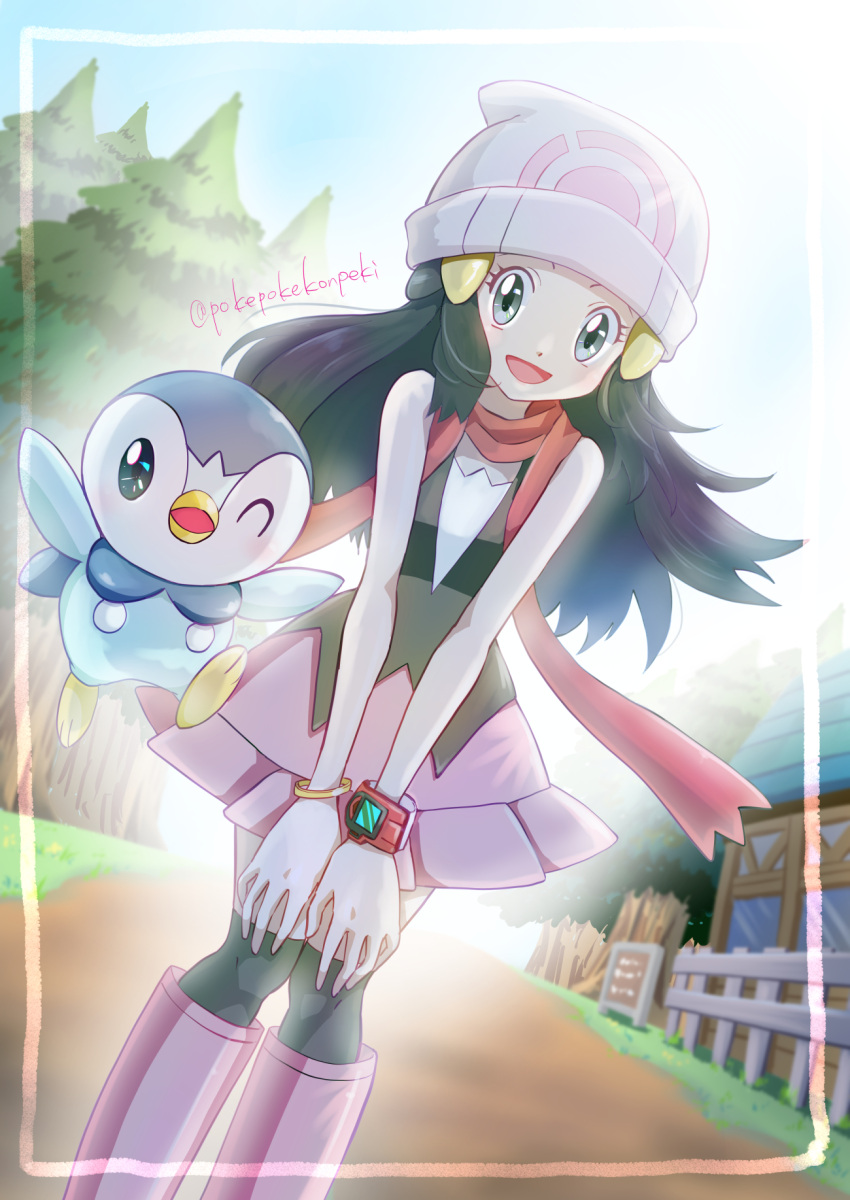 1girl :d bare_shoulders black_dress black_eyes black_hair black_socks boots commentary_request dawn_(pokemon) dress hair_ornament hairclip hands_on_own_knees hat highres kneehighs long_hair looking_at_viewer open_mouth pink_footwear pink_skirt piplup pokemon pokemon_(creature) pokemon_dppt pokepokekonpeki red_scarf scarf skirt sleeveless sleeveless_dress smile socks tree white_hat