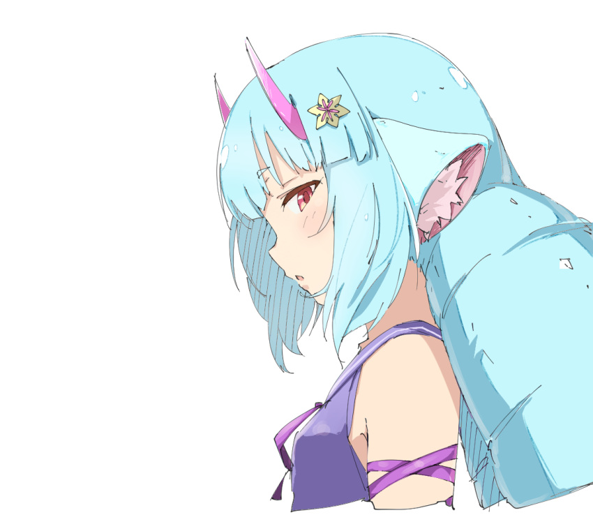 1girl arm_ribbon armpit_crease blue_hair blunt_bangs blush breasts colored_eyelashes commentary_request criss-cross_ribbon cropped_torso delmin_(show_by_rock!!) dress drill_hair flower from_side hair_flower hair_ornament horns long_hair looking_at_viewer looking_to_the_side neck_ribbon parted_lips portrait profile purple_dress purple_ribbon purple_sailor_collar rauto red_eyes ribbon sailor_collar show_by_rock!! sideways_glance simple_background sleeveless sleeveless_dress small_breasts solo twin_drills white_background
