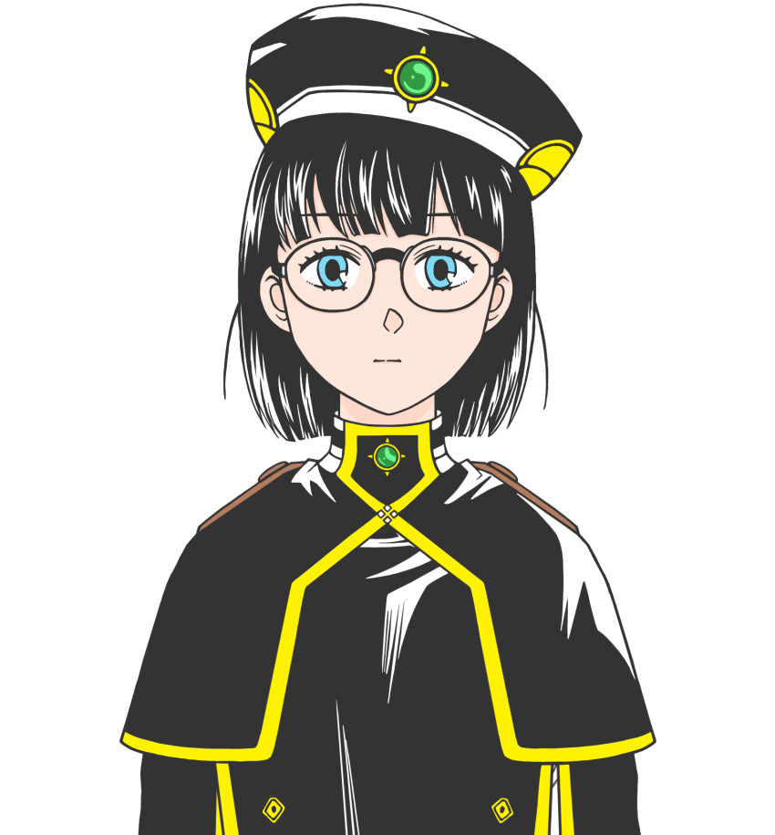 1girl beret black_capelet black_hair black_jacket blue_eyes capelet closed_mouth commentary continental_magic_association_receptionist_(sousou_no_frieren) dominomido expressionless eyelashes flat_color gem glasses hat highres jacket looking_at_viewer portrait simple_background solo sousou_no_frieren straight-on upper_body white_background