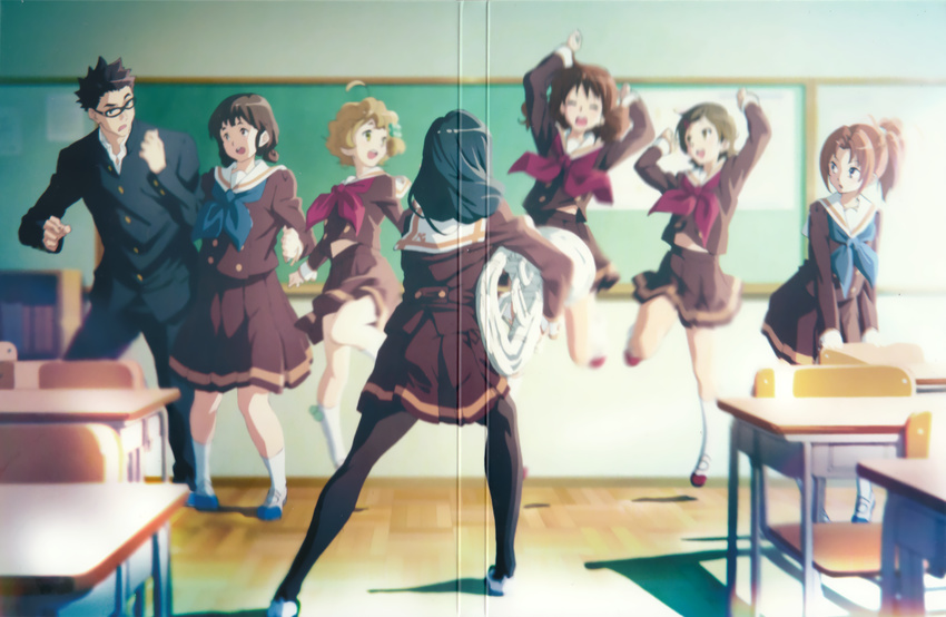 6+girls :d ^_^ absurdres ahoge black_legwear blue_neckwear blurry chalkboard closed_eyes crease depth_of_field desk euphonium glasses gotou_takuya hibike!_euphonium highres ikeda_shouko instrument jumping katou_hazuki kawashima_sapphire meme multiple_girls nagase_riko nakagawa_natsuki neckerchief official_art open_mouth oumae_kumiko pantyhose ponytail red_neckwear scan school_desk school_uniform serafuku shoes short_hair smile socks standing tanaka_asuka uwabaki white_legwear