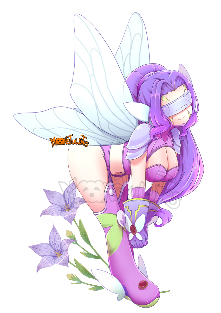 1girl absurdres artist_logo artist_name bent_over boots breasts cleavage cleavage_cutout clothing_cutout covered_eyes digimon digimon_(creature) fairimon flower full_body gloves head_wings highres insect_wings long_hair mask monstuwitos panties purple_flower purple_footwear purple_gloves purple_hair purple_panties simple_background smile solo thigh_boots underwear watermark white_background wings