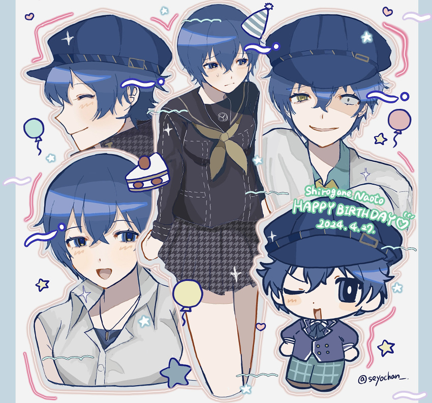 1girl absurdres androgynous blue_eyes blue_hair cabbie_hat crossdressing detective hat highres houndstooth jolly_roger persona persona_4 reverse_trap school_uniform seyochan shirogane_naoto short_hair solo tomboy twitter_username yasogami_school_uniform