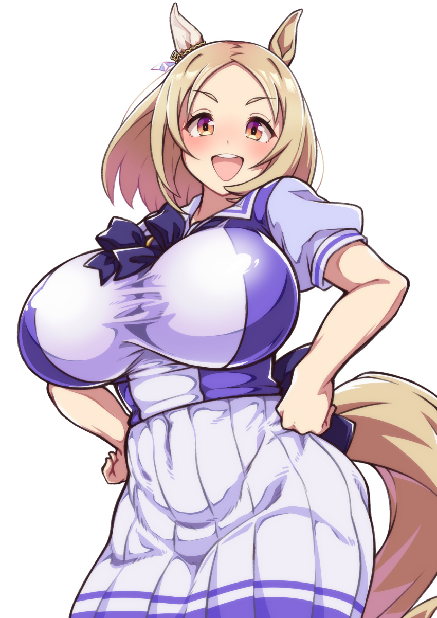 1girl :d absurdres alternate_breast_size animal_ears blonde_hair breasts commentary_request hands_on_own_hips highres horse_ears horse_girl huge_breasts looking_at_viewer narita_top_road_(umamusume) pleated_skirt round_teeth school_uniform short_hair short_sleeves simple_background skirt smile solo teeth tracen_school_uniform umamusume upper_teeth_only white_background white_skirt yellow_eyes yuki_usagi_(agtd5758)