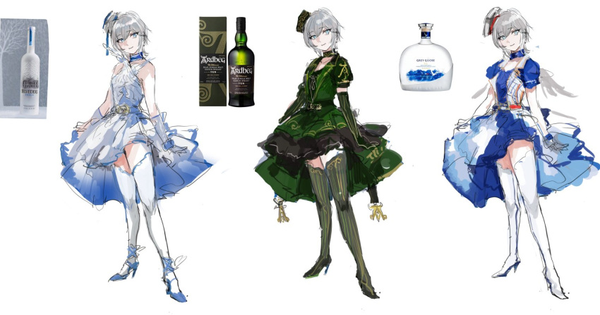 alcohol anastasia_(idolmaster) bad_link blue_hair dress green_dress grey_hair hat idolmaster idolmaster_cinderella_girls osakana_(denpa_yun'yun) short_hair thighhighs white_dress wine