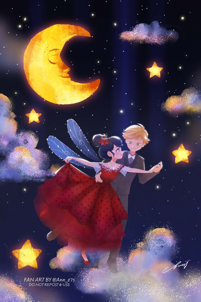 1girl adrien_agreste ann_e7s blonde_hair blue_eyes blue_hair closed_mouth cloud cloudy_sky dancing dress fairy_wings green_eyes grey_vest hair_bun happy highres looking_at_another marinette_dupain-cheng miraculous_ladybug moon night night_sky polka_dot red_dress red_footwear sky smile star_(sky) vest wings