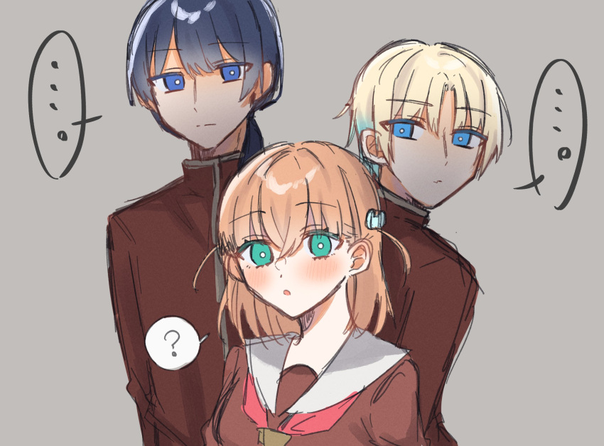 ... 1girl 2boys :o :| ? blonde_hair blue_eyes blue_hair blush bright_pupils brown_dress brown_jacket closed_mouth commentary crossed_bangs dark_blue_hair dress gakuran genderswap genderswap_(ftm) gradient_hair green_eyes grey_background hair_ornament hair_over_shoulder hasu_no_sora_school_uniform highres hinoshita_kaho hosino_mukou jacket light_blue_hair link!_like!_love_live! long_hair long_sleeves looking_at_viewer love_live! low_ponytail medium_hair multicolored_hair multiple_boys murano_sayaka neckerchief open_mouth orange_hair osawa_rurino parted_bangs rabbit_hair_ornament red_neckerchief sailor_collar sailor_dress school_uniform short_hair speech_bubble split_mouth spoken_ellipsis spoken_question_mark two_side_up virtual_youtuber white_pupils white_sailor_collar winter_uniform