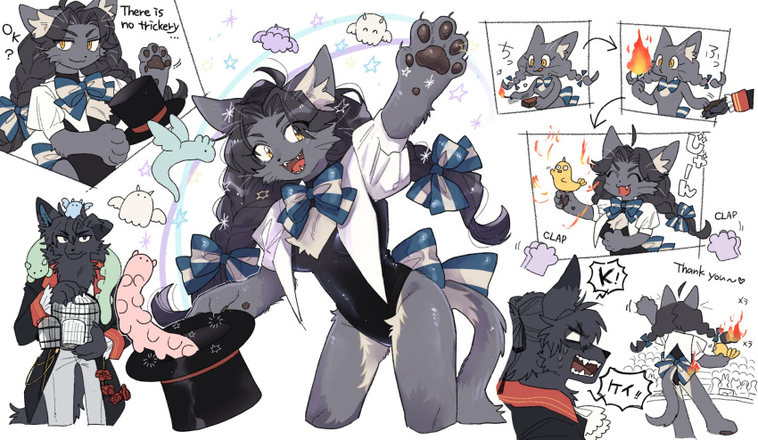 1boy 1girl animal_ear_fluff animal_ears animal_hands arm_up bird birdcage black_coat black_fur black_hair black_one-piece_swimsuit blue_bow blue_bowtie body_fur bow bowtie braid burning cage cat_ears cat_girl cat_tail center_opening claws coat commentary_request creature cropped_legs crowd dog_boy dog_ears dog_tail english_text fangs fire furry furry_female furry_male grey_fur hair_bow hands_up hat highres holding holding_clothes holding_hat long_hair long_sleeves looking_at_viewer magic magician mixed-language_text one-piece_swimsuit open_mouth original puffy_short_sleeves puffy_sleeves rata_(norahasu) short_sleeves shrug_(clothing) simple_background swimsuit tail tail_bow tail_ornament top_hat translation_request twin_braids unworn_hat unworn_headwear white_background yellow_eyes