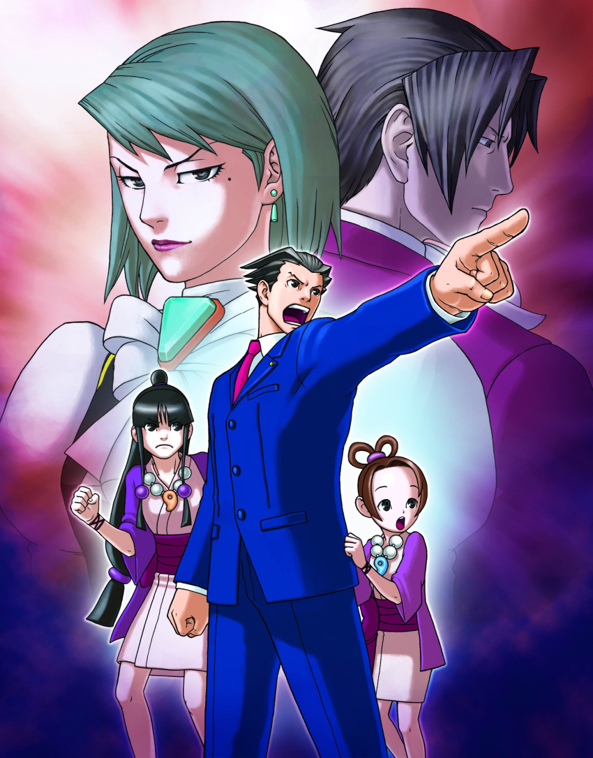 &gt;:( 2boys 3girls :o :| absurdres ace_attorney angry aqua_eyes aqua_hair archived_source ascot back-to-back bead_necklace beads black_eyes black_hair bow bracelet breasts brooch brown_hair business_suit buttons clenched_hand closed_mouth collared_shirt cousins earrings edaki_shin'ya flat_chest formal franziska_von_karma frown gem grey_hair hair_ornament hair_rings half_updo highres japanese_clothes jewelry kimono legs_apart lipstick long_hair long_sleeves looking_down looking_to_the_side low-tied_long_hair magatama makeup maya_fey miles_edgeworth mole mole_under_eye multiple_boys multiple_girls necklace necktie obi official_art open_clothes outline outstretched_arm pants pearl_fey phoenix_wright pocket pointing profile puffy_sleeves sash scan shirt shirt_tug short_hair short_kimono shouting sidelocks small_breasts spiked_hair standing suit surprised swept_bangs topknot v-shaped_eyebrows very_long_hair vest